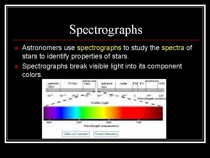 Spectrographs n n Astronomers use spectrographs to study the spectra of stars to identify