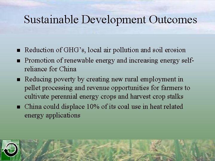 Sustainable Development Outcomes n n Reduction of GHG’s, local air pollution and soil erosion