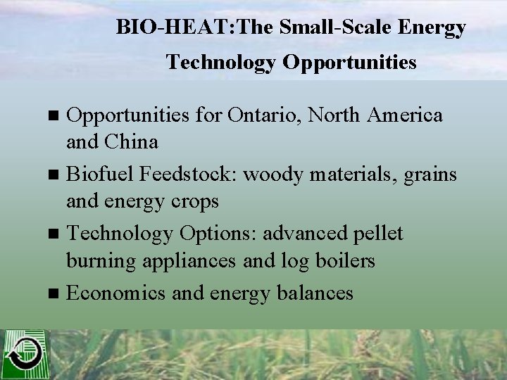 BIO-HEAT: The Small-Scale Energy Technology Opportunities for Ontario, North America and China n Biofuel