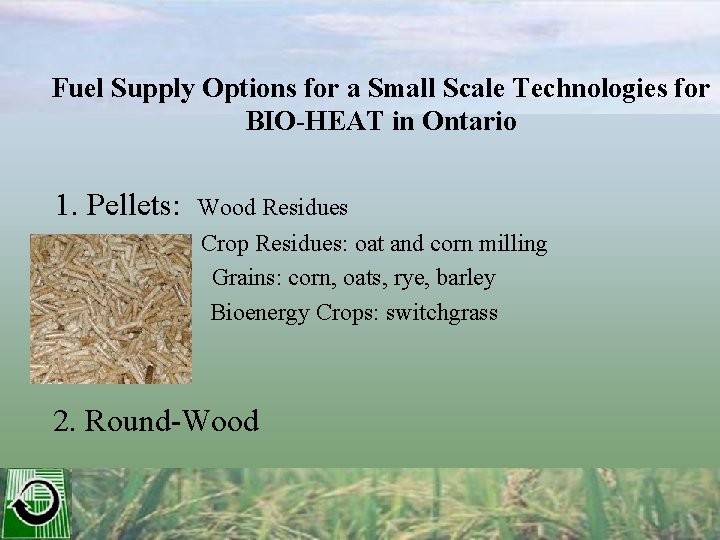 Fuel Supply Options for a Small Scale Technologies for BIO-HEAT in Ontario 1. Pellets: