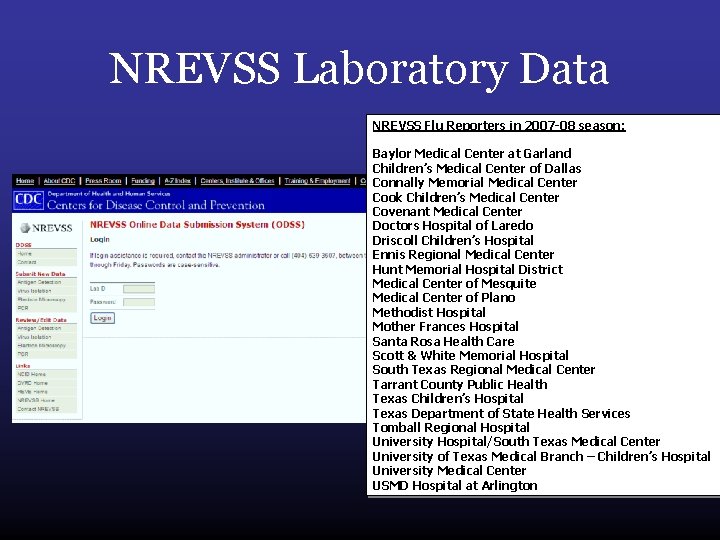 NREVSS Laboratory Data NREVSS Flu Reporters in 2007 -08 season: Baylor Medical Center at