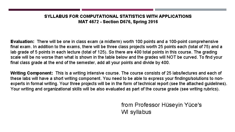 SYLLABUS FOR COMPUTATIONAL STATISTICS WITH APPLICATIONS MAT 4672 - Section D 676, Spring 2016