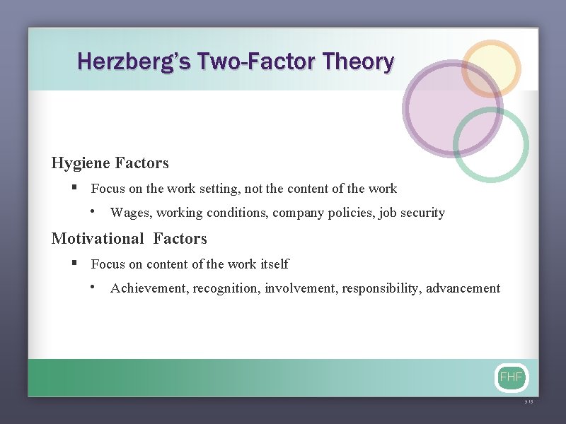 Herzberg’s Two-Factor Theory Hygiene Factors § Focus on the work setting, not the content