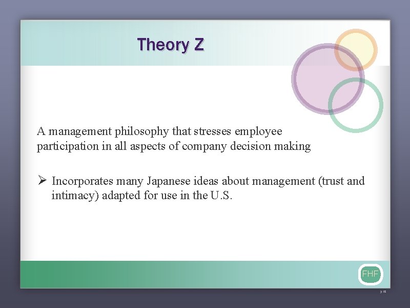 Theory Z A management philosophy that stresses employee participation in all aspects of company