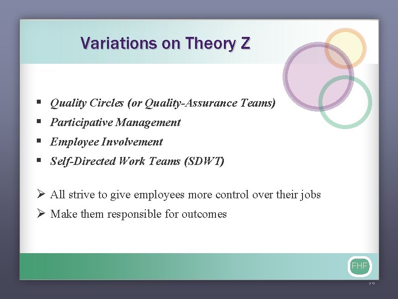 Variations on Theory Z § § Quality Circles (or Quality-Assurance Teams) Participative Management Employee