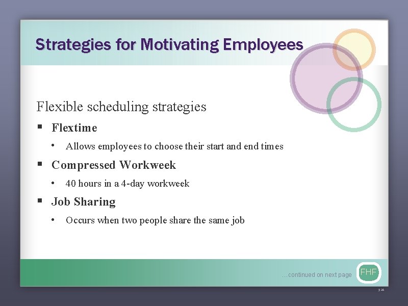 Strategies for Motivating Employees Flexible scheduling strategies § Flextime • Allows employees to choose