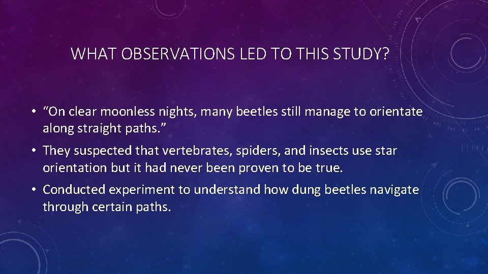WHAT OBSERVATIONS LED TO THIS STUDY? • “On clear moonless nights, many beetles still