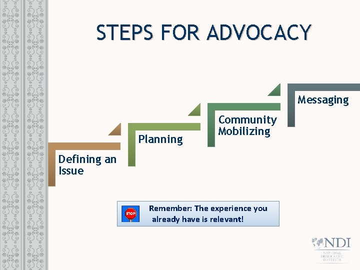 STEPS FOR ADVOCACY Messaging Planning Community Mobilizing Defining an Issue Remember: The experience you