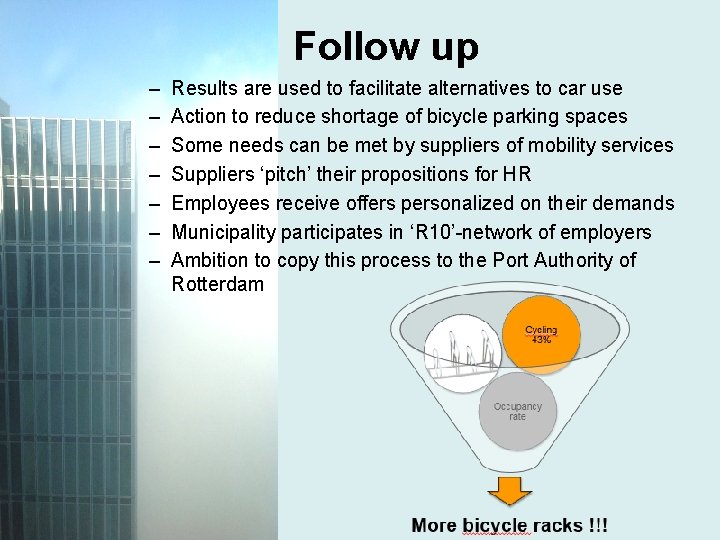 Follow up – – – – Results are used to facilitate alternatives to car