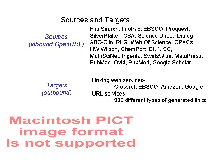 Sources and Targets Sources (inbound Open. URL) Targets (outbound) First. Search, Infotrac, EBSCO, Proquest,