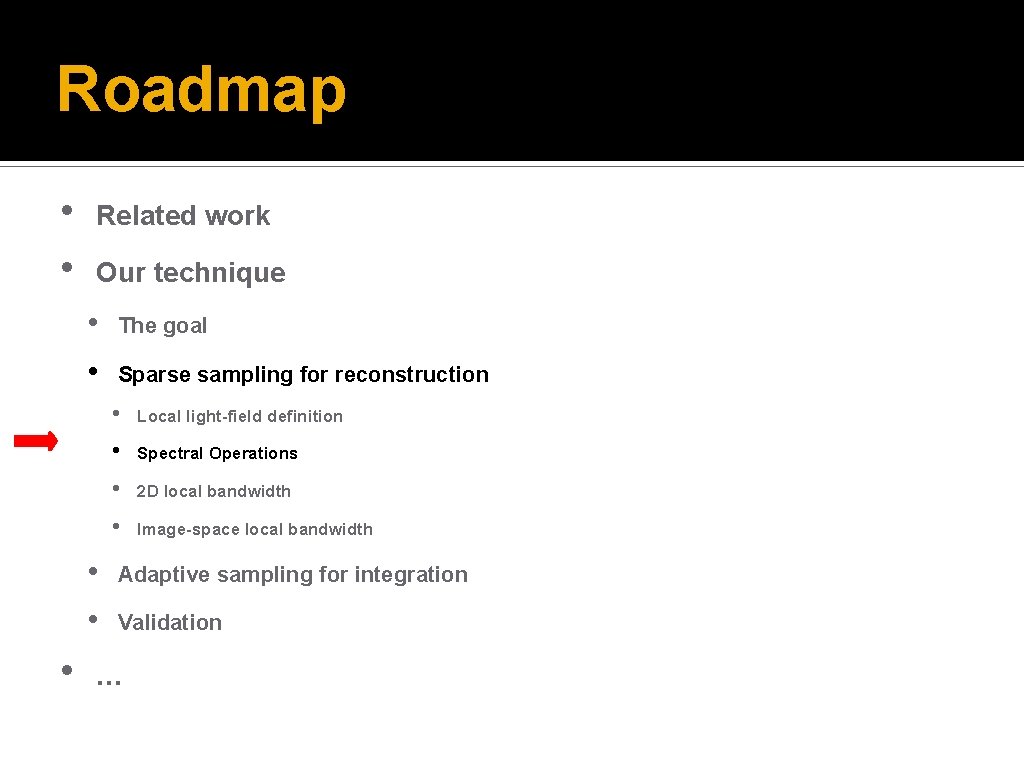 Roadmap • • Related work Our technique • • The goal Sparse sampling for