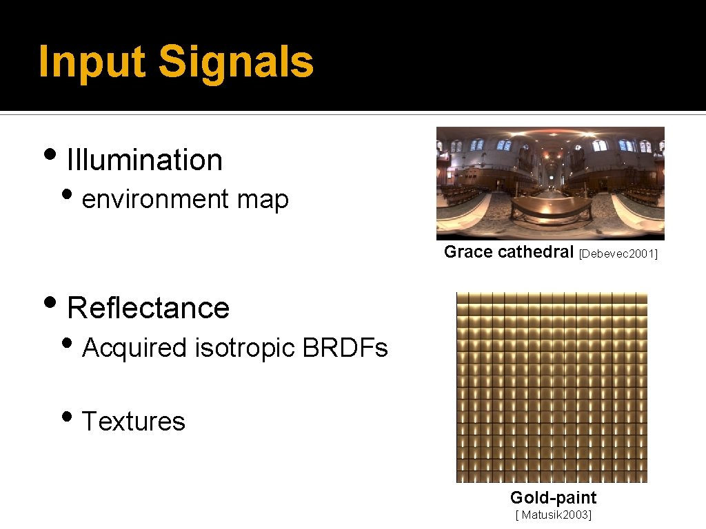 Input Signals • Illumination • environment map Grace cathedral [Debevec 2001] • Reflectance •