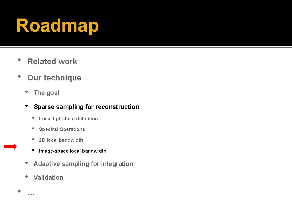 Roadmap • • Related work Our technique • • The goal Sparse sampling for