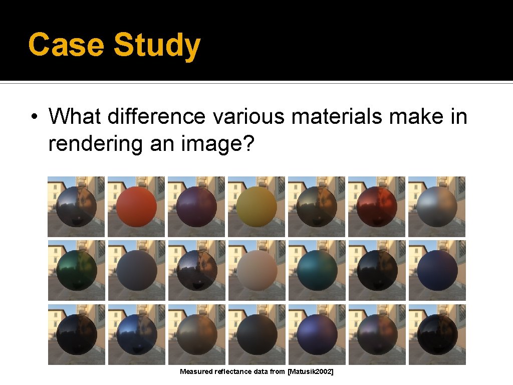 Case Study • What difference various materials make in rendering an image? Measured reflectance