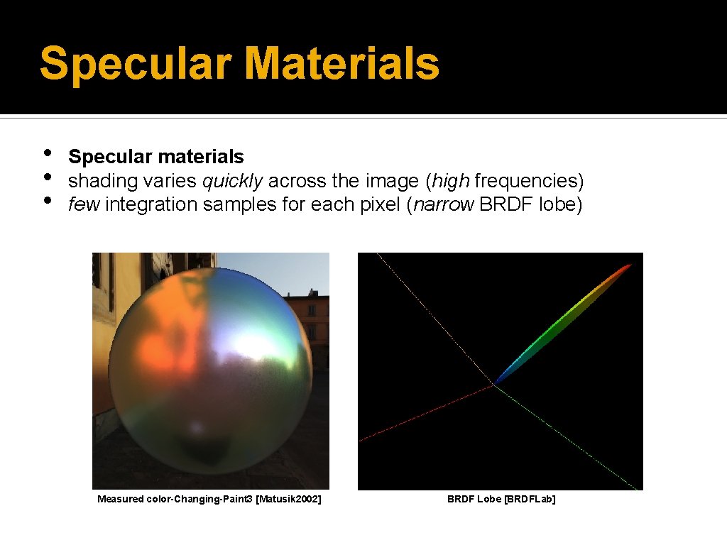 Specular Materials • • • Specular materials shading varies quickly across the image (high