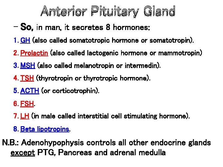 Anterior Pituitary Gland – So, in man, it secretes 8 hormones: 1. GH (also