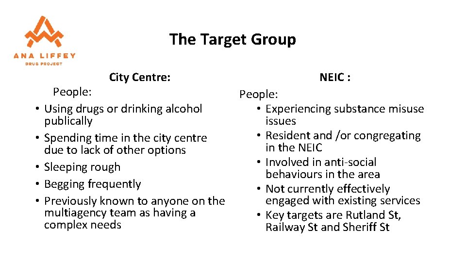 The Target Group City Centre: • • • People: Using drugs or drinking alcohol