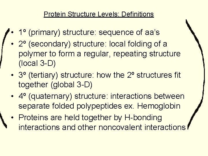 Protein Structure Levels: Definitions • 1º (primary) structure: sequence of aa’s • 2º (secondary)