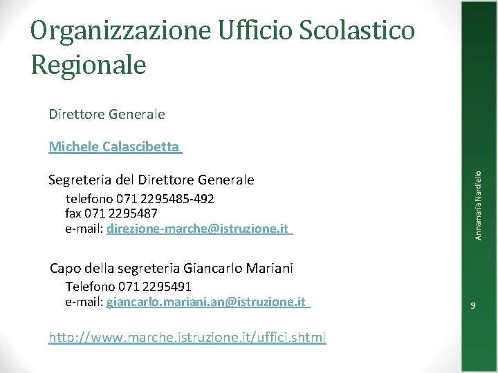 Organizzazione Ufficio Scolastico Regionale Direttore Generale Segreteria del Direttore Generale telefono 071 2295485 -492 Organizzazione Ufficio Scolastico Regionale Direttore Generale Segreteria del Direttore Generale telefono 071 2295485 -492
