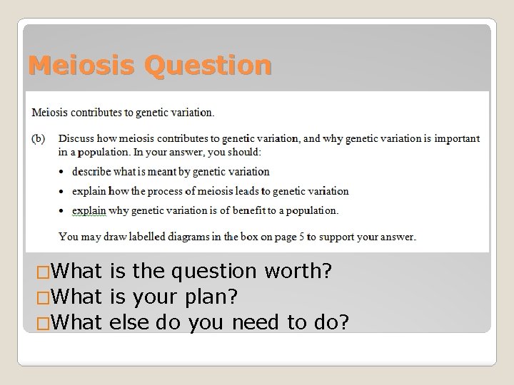 Meiosis Question �What is the question worth? �What is your plan? �What else do