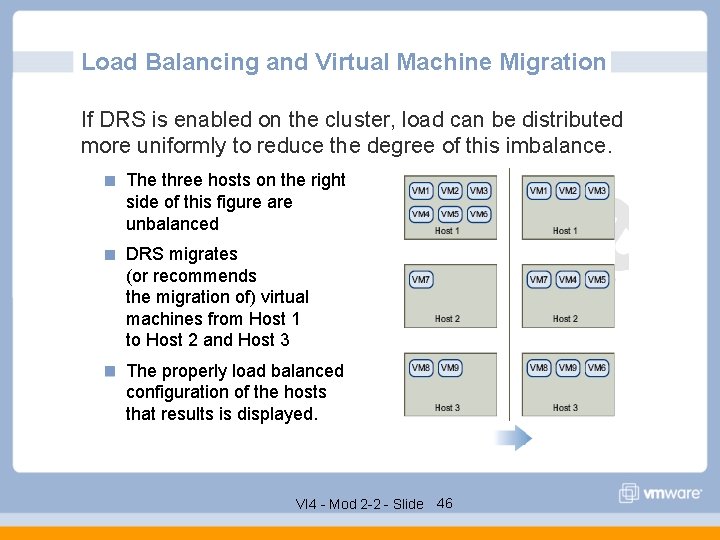 Load Balancing and Virtual Machine Migration If DRS is enabled on the cluster, load