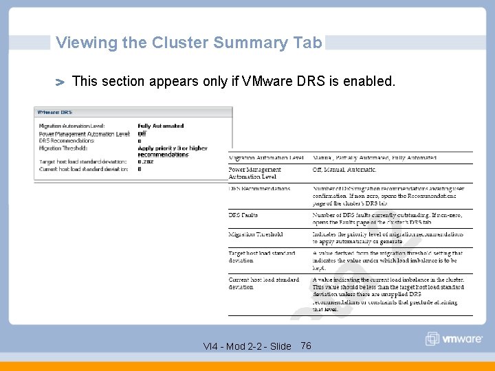 Viewing the Cluster Summary Tab This section appears only if VMware DRS is enabled.