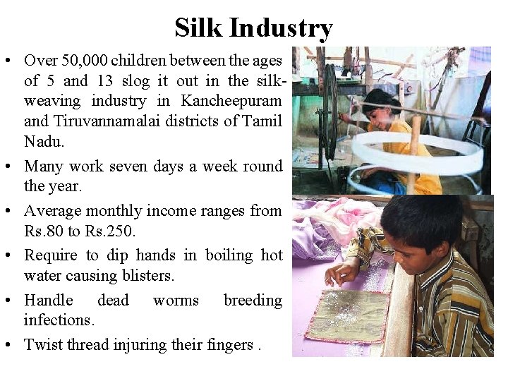 Silk Industry • Over 50, 000 children between the ages of 5 and 13