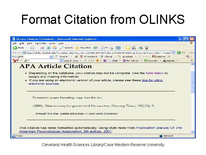Format Citation from OLINKS Cleveland Health Sciences Library/Case Western Reserve University 