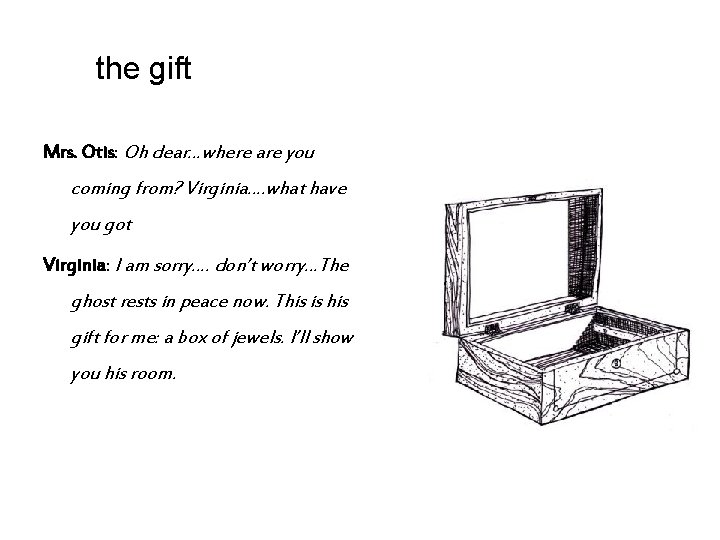 the gift Mrs. Otis: Oh dear…where are you coming from? Virginia…. what have you