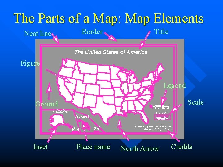The Parts of a Map: Map Elements Border Neat line Title The United States