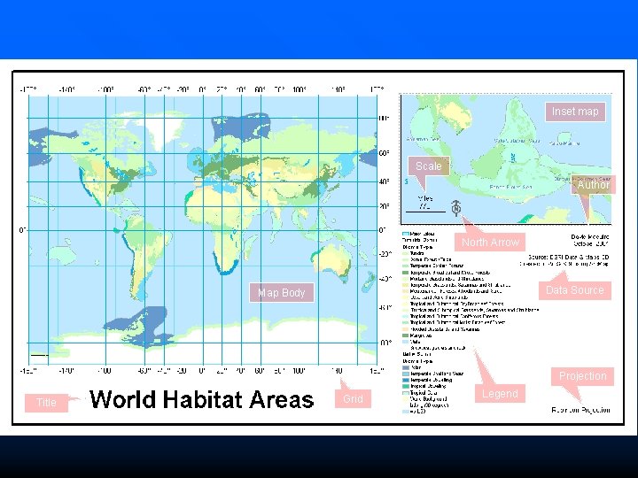 Inset map Scale Author North Arrow Data Source Map Body Projection Title Grid Legend