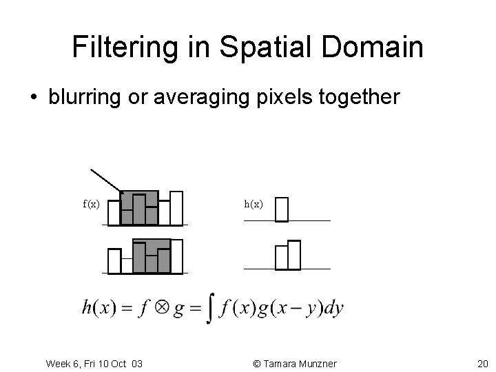 Filtering in Spatial Domain • blurring or averaging pixels together g(y) f(x) Integrate over Filtering in Spatial Domain • blurring or averaging pixels together g(y) f(x) Integrate over