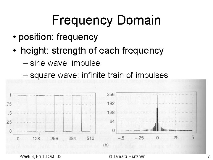 Frequency Domain • position: frequency • height: strength of each frequency – sine wave: Frequency Domain • position: frequency • height: strength of each frequency – sine wave: