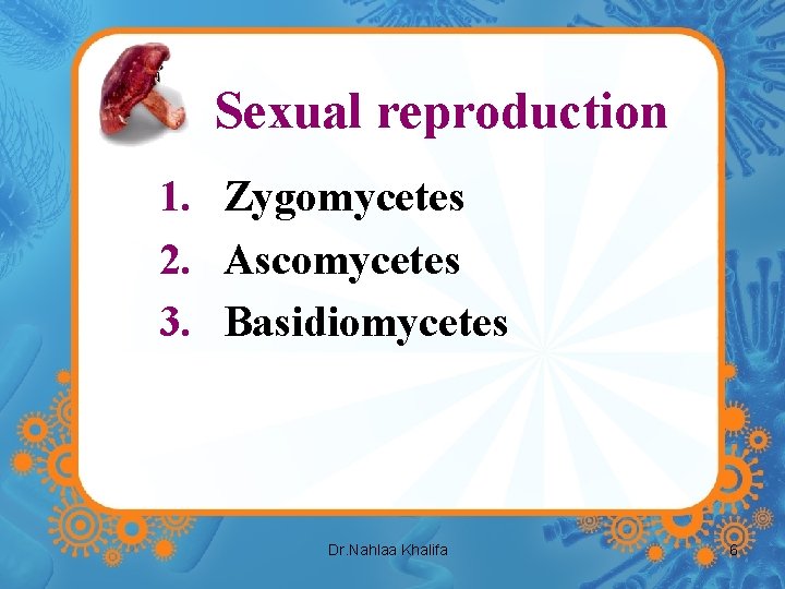 Sexual reproduction 1. Zygomycetes 2. Ascomycetes 3. Basidiomycetes Dr. Nahlaa Khalifa 6 