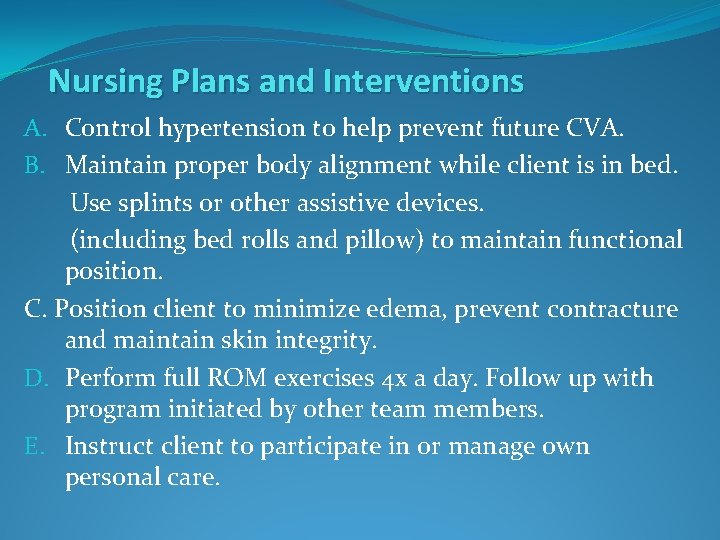 Nursing Plans and Interventions A. Control hypertension to help prevent future CVA. B. Maintain
