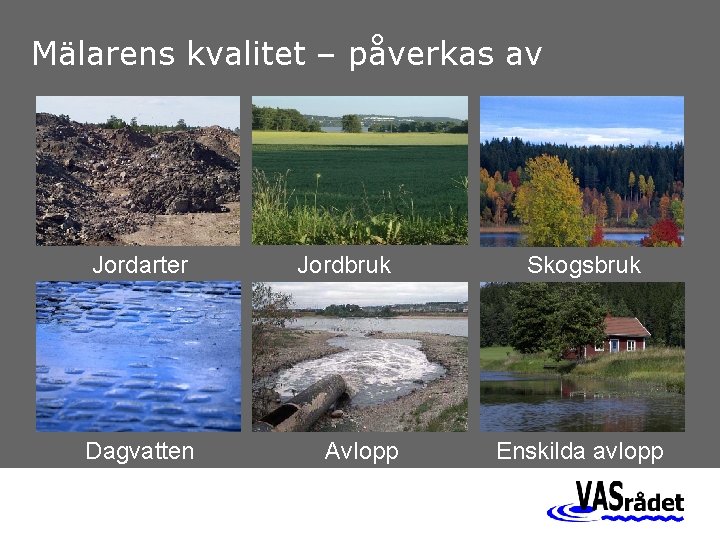 Mälarens kvalitet – påverkas av Jordarter Dagvatten Jordbruk Avlopp Skogsbruk Enskilda avlopp 