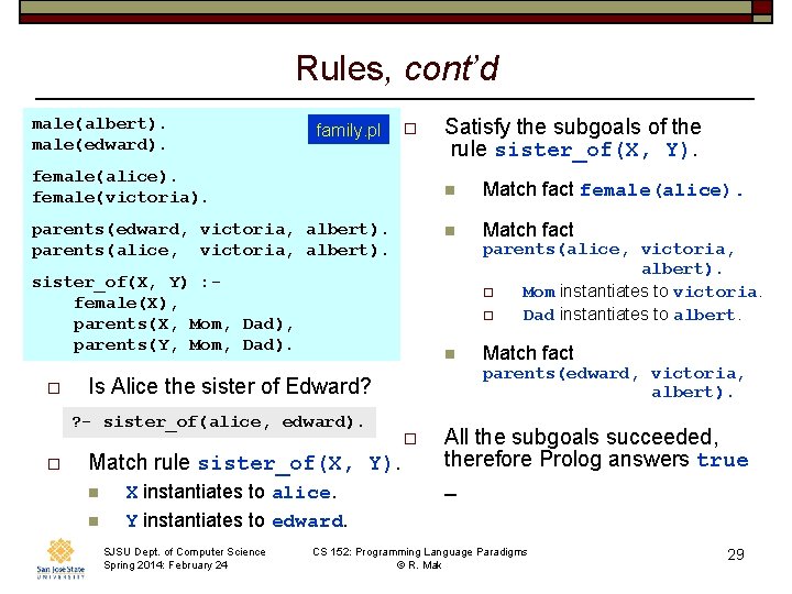 Rules, cont’d male(albert). male(edward). family. pl o female(alice). female(victoria). parents(edward, victoria, albert). parents(alice, victoria,