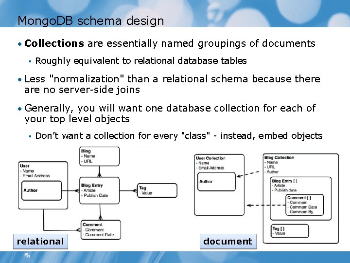 Mongo. DB schema design • Collections are essentially named groupings of documents § Roughly
