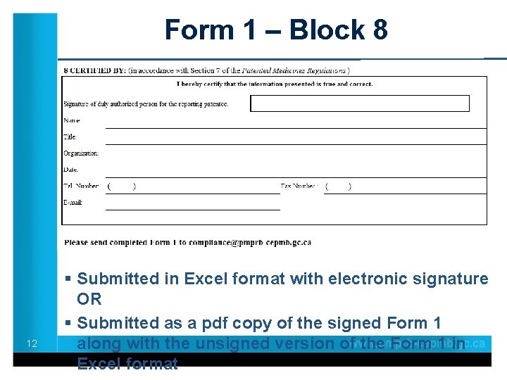 Form 1 – Block 8 12 § Submitted in Excel format with electronic signature