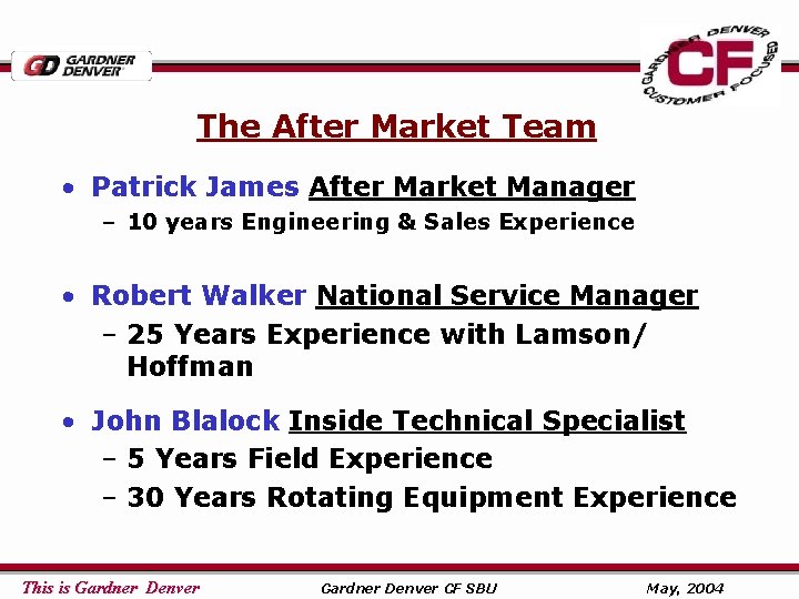 The After Market Team • Patrick James After Market Manager – 10 years Engineering