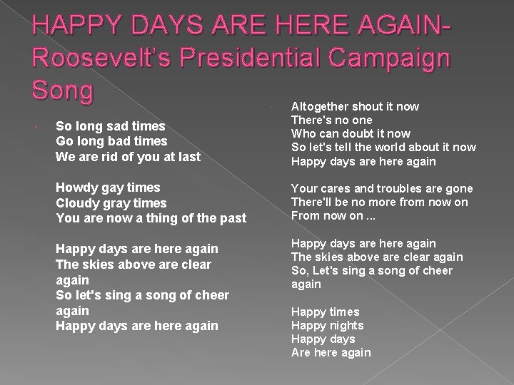 HAPPY DAYS ARE HERE AGAINRoosevelt’s Presidential Campaign Song Altogether shout it now So long