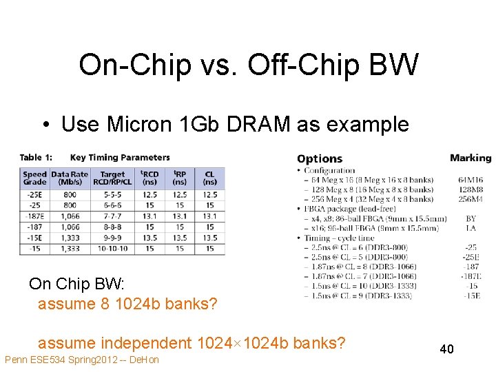 On-Chip vs. Off-Chip BW • Use Micron 1 Gb DRAM as example On Chip