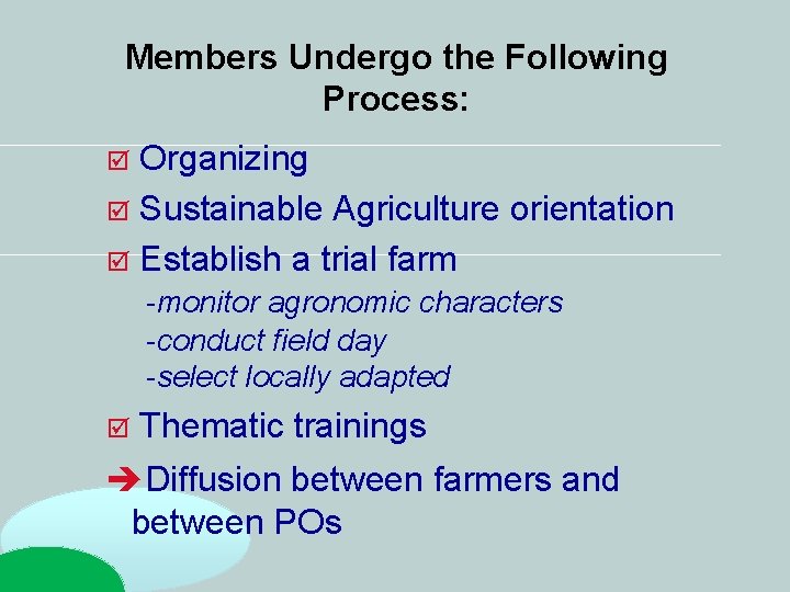 Members Undergo the Following Process: Organizing Sustainable Agriculture orientation Establish a trial farm -monitor Members Undergo the Following Process: Organizing Sustainable Agriculture orientation Establish a trial farm -monitor