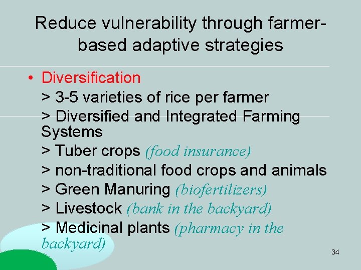 Reduce vulnerability through farmerbased adaptive strategies • Diversification > 3 -5 varieties of rice Reduce vulnerability through farmerbased adaptive strategies • Diversification > 3 -5 varieties of rice