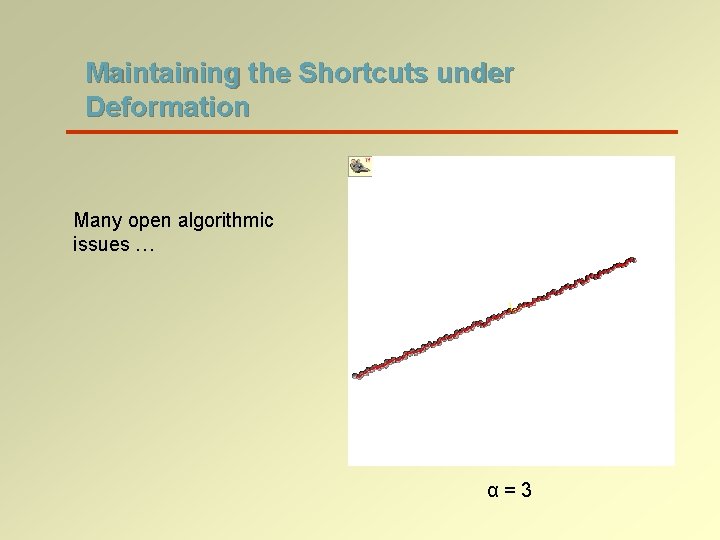 Maintaining the Shortcuts under Deformation Many open algorithmic issues … α=3 