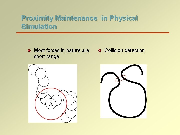 Proximity Maintenance in Physical Simulation Most forces in nature are short range Collision detection