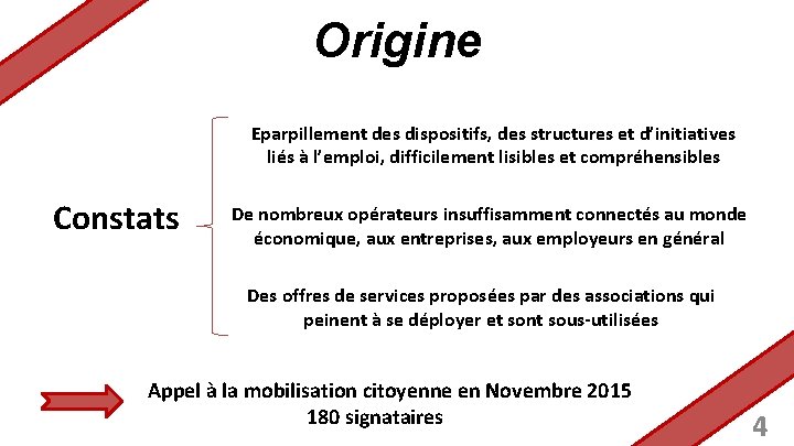 Origine Eparpillement des dispositifs, des structures et d’initiatives liés à l’emploi, difficilement lisibles et