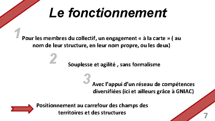 Le fonctionnement 1 Pour les membres du collectif, un engagement « à la carte