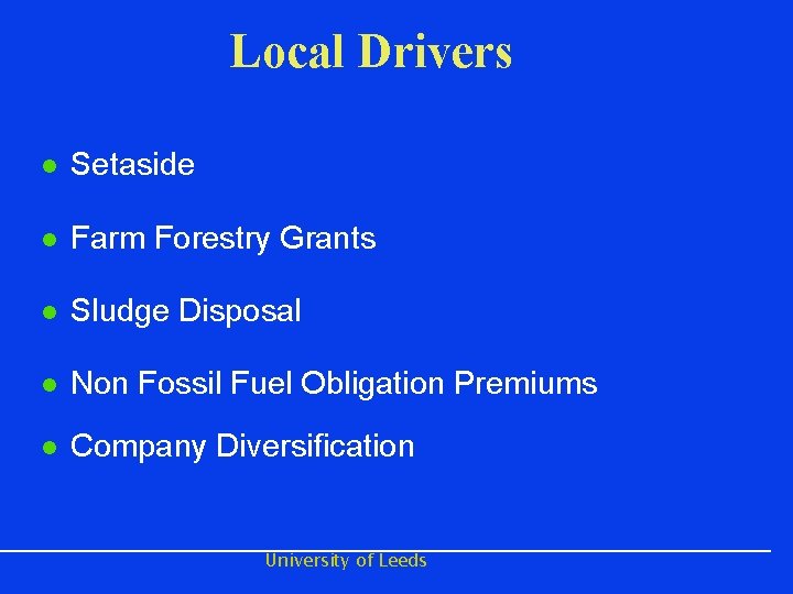 Local Drivers l Setaside l Farm Forestry Grants l Sludge Disposal l Non Fossil