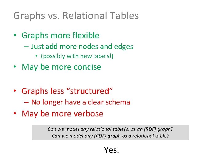 Graphs vs. Relational Tables • Graphs more flexible – Just add more nodes and